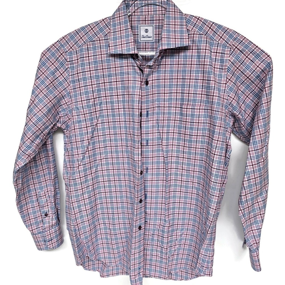 David Donahue Mens Large Pink Blue Plaid Button Up Dress Shirt Cotton 153233